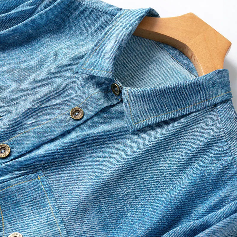 Women Silk Shirt 100% Mulberry Silk Crepe Silk Blue Jeans Printed Long Sleeve Buttons Down Top Blouse Office Lady Work M L MM860