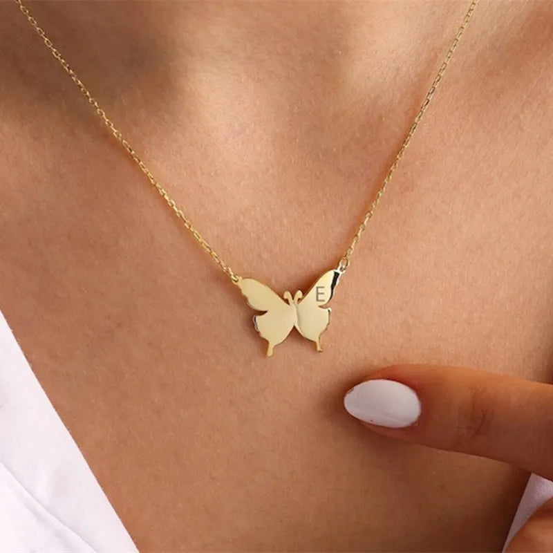 Stainless Steel Butterfly Initial Letter Necklaces For Women Minimalist Gold Color Butterfly Name Necklace Wedding Jewelry BFF