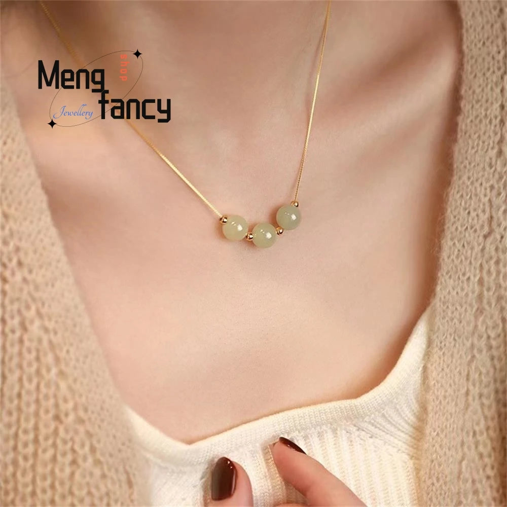 Natural Hotan Jasper Lucky beads Lockbone Chain Light Luxury Temperament Exquisite Pendant High-grade Popular Fashion Jewelry