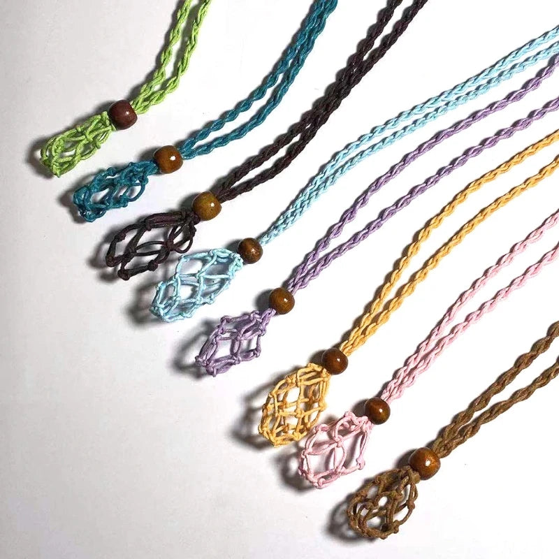 Retro Woven Natural Stone Pendant Necklace Net Pocket Hollow Handmade Jewelry Men and Women the Same Style Without Gems