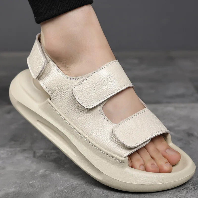 Solid Color Leather Sandals for Men 2025 Summer New Designer Platform Sandals Male Fashion Casual Outwear Beach Shoes Man