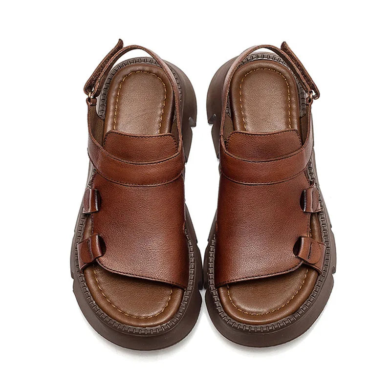 Women's Sandals  Summer Genuine Leather Thick Sole Ladies Sandals Summer Shoes Women Retro Style Handmade Shoes