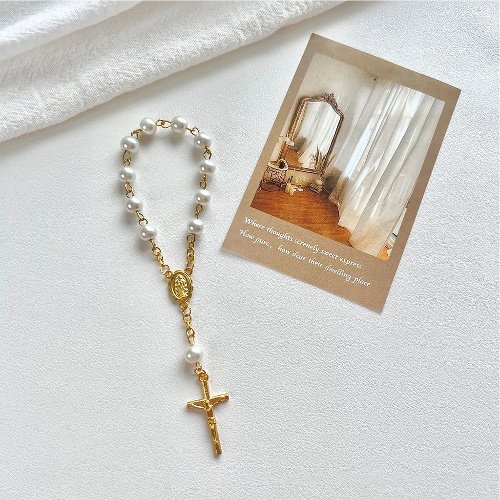 1Pcs Baby 6/8mm Glass Pearl Rosary Bracelet Eucharist Gift Cross Finger Chain Religion Mini Rosary Bracelet Pray