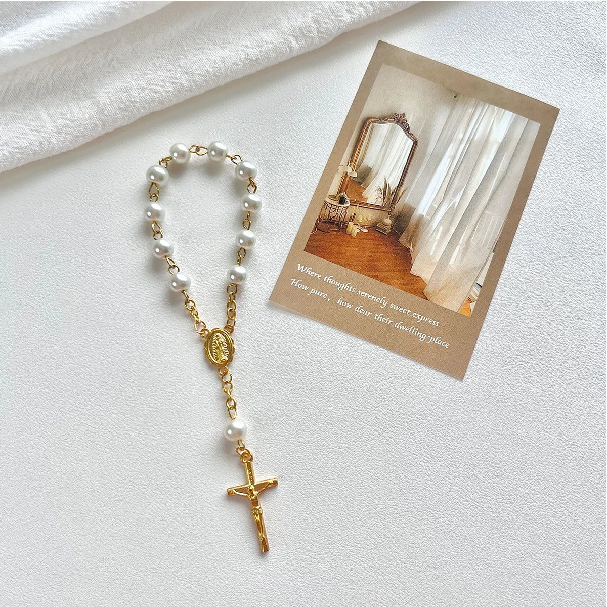 1Pcs Baby 6/8mm Glass Pearl Rosary Bracelet Eucharist Gift Cross Finger Chain Religion Mini Rosary Bracelet Pray