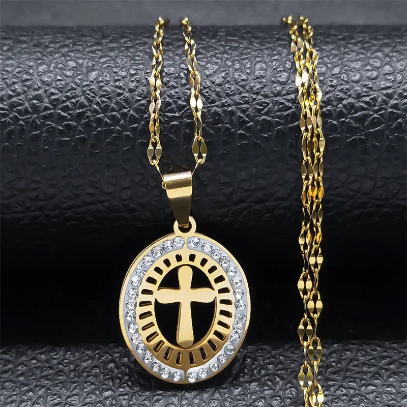 Simple Cross Pendant Necklace Stainless Steel Crystal Jesus Christ Necklaces Religious Jewelry corrente feminina N8249S02