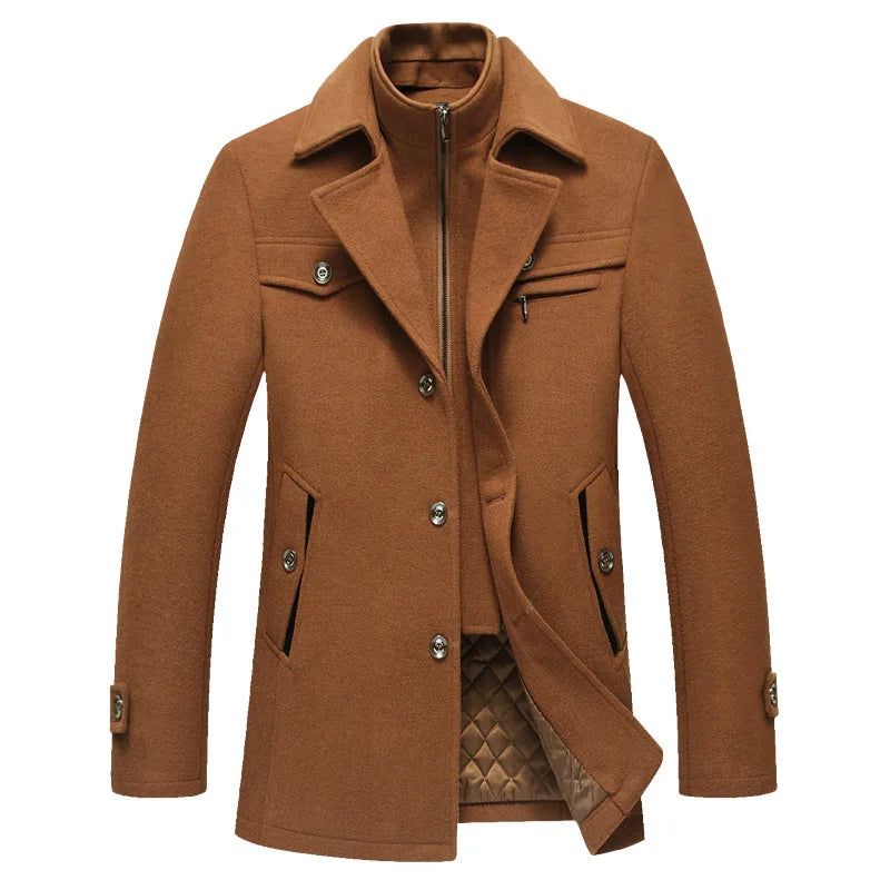 BROWON 2025 Mens Winter Woolen Coats men Long Sleeve Turn Down Collar Faux Two-piece Work Business Wool Jacket Overocat for Man