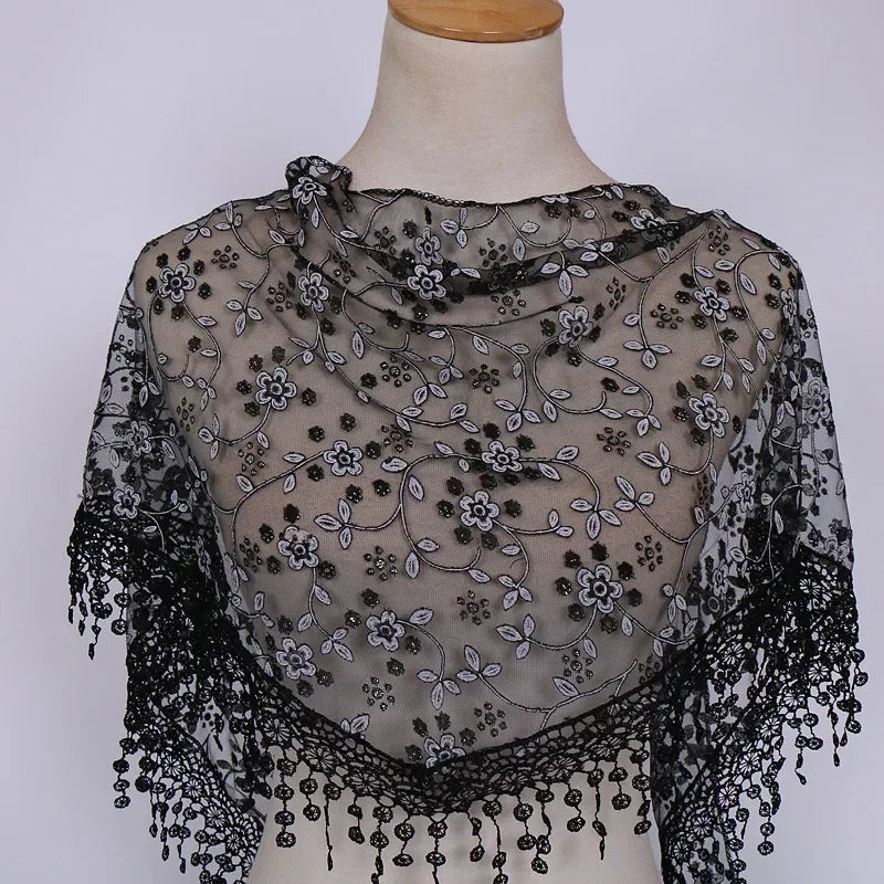 Women Triangle Scarf for Church Prayer Shawl Embroidered Lace Veil Floral Tassel Veils Mantillas for The Church's Pendant Scarve