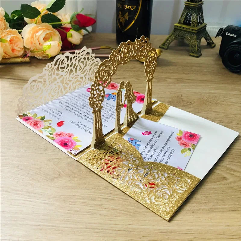 3D Bride And Groom Rose Gold Pop up Wedding invitations laser cut Greeting cards envelope Rsvp Navy blue White Pink