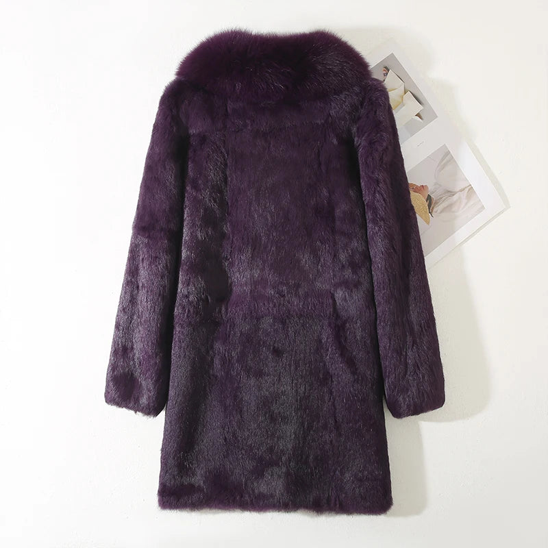 New 100% Real Natural  Whole Rabbit Fur Coat With Luxury Natural Fox Fur Collar Jacket Full Pelt Rabbit Fur Overcoat
