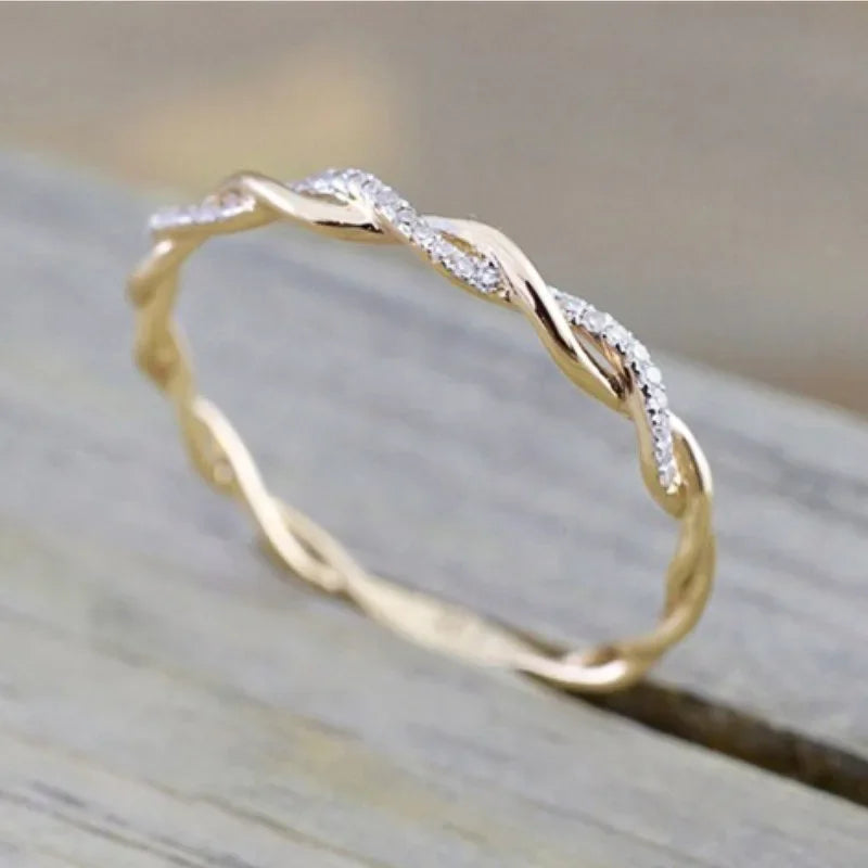 Simple Stylish Women Thin Rings Fancy Twist Band Shiny Crystal Cubic Zircon Rings Daily Wear Versatile Jewelry Minimalist Gift