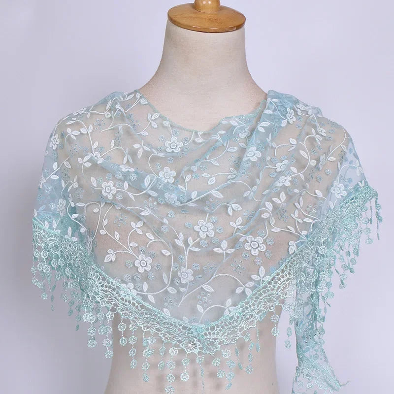 Fashion Women Triangle Wrap Fringed Shawls Head Scarf Tassel Embroidery Lace Scarves Flower Hijab Bandana Prayer Kerchief Church