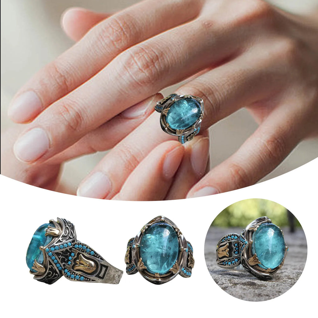 Punk Rings For Women Blue Gemstone Ring For Women Elegant Luxury Vintage Engraved Natural Gemstone Rings бижутерия люкс качества