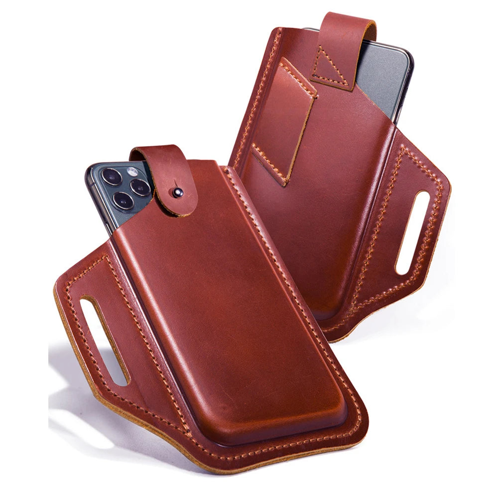 Leather Belt Phone Pouch, Leather Cell Phone Holster, Universal Leather Phone Case with Belt Loops, for Men and Women Large Coff