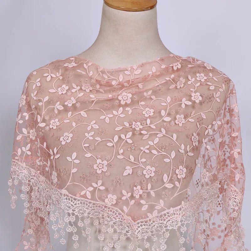 Fashion Women Triangle Wrap Fringed Shawls Head Scarf Tassel Embroidery Lace Scarves Flower Hijab Bandana Prayer Kerchief Church
