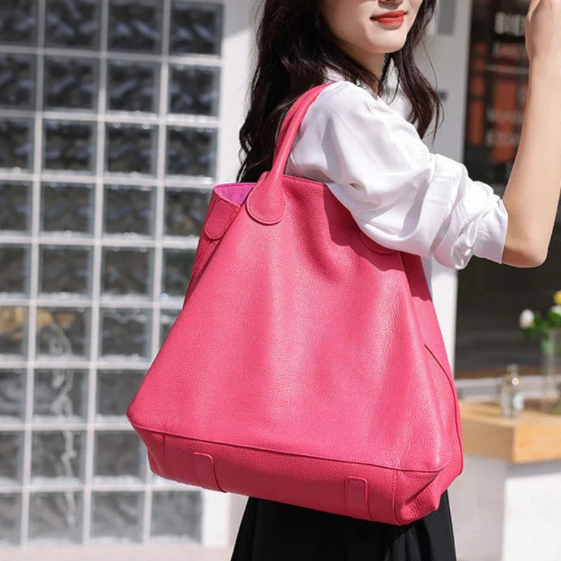 Free Custom Name Tote Bag Women High Quality Soft Comfortable Genuine Leather Minimalist Casual Large Capacity 41cm Big Handbag