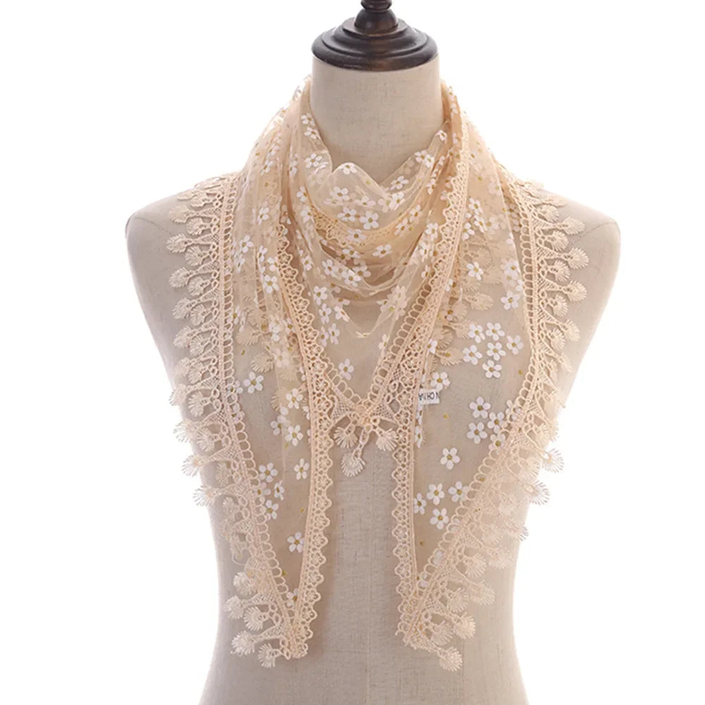 Fashion Women Triangle Wrap Fringed Shawls Head Scarf Tassel Embroidery Lace Scarves Flower Hijab Bandana Prayer Kerchief Church