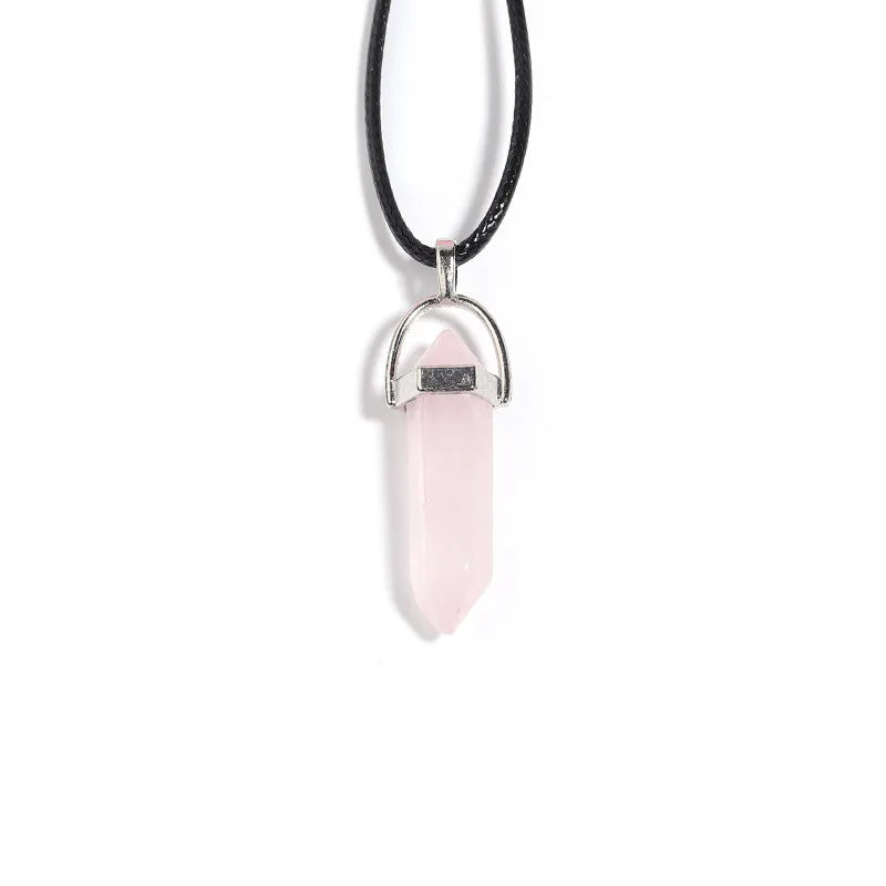 New Hexagonal Column Natural Stone Choker Necklaces Vintage Pink Purple Crystal Pendent Necklace for Women Leather Chain Jewelry