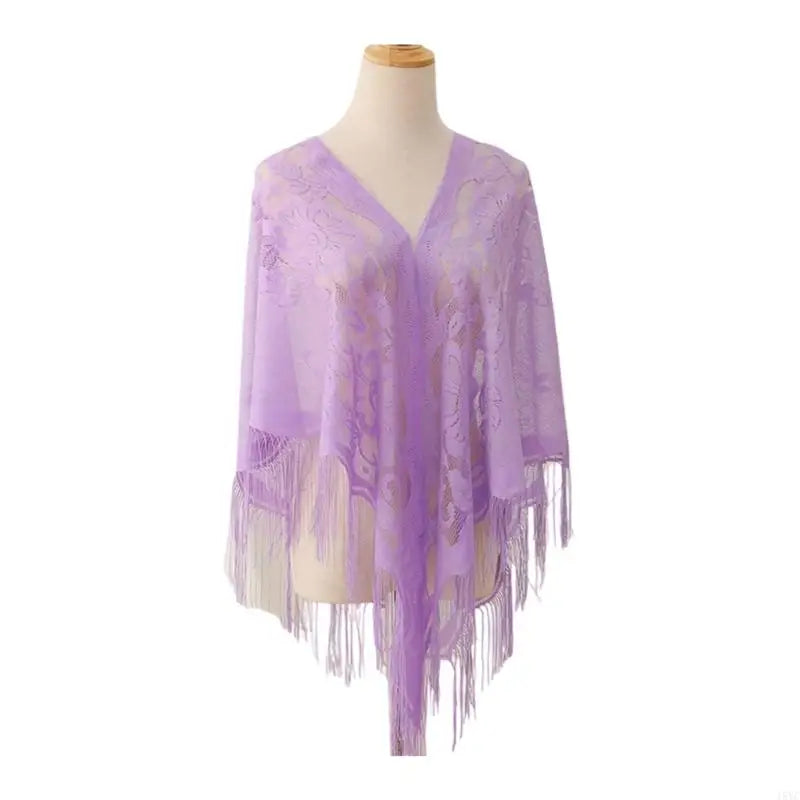 15YC Stylish Lace Ponchos with Fringed Edges Multiuse Shawl for Various Outfit Eye Catching Sunproof Triangle Shoulder Wrap