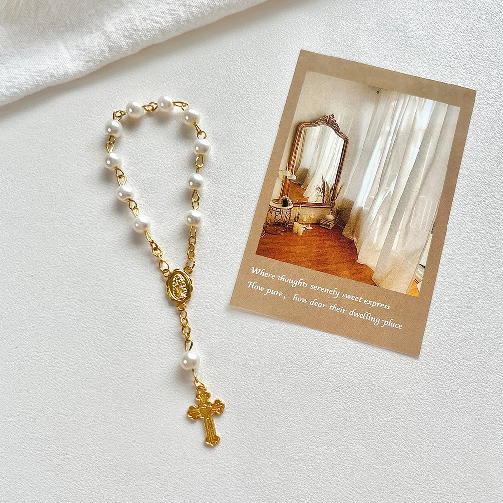 1Pcs Baby 6/8mm Glass Pearl Rosary Bracelet Eucharist Gift Cross Finger Chain Religion Mini Rosary Bracelet Pray