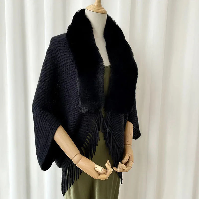Women Winter Knitted Shawl With Faux Fur Collar With Tassel Female Elegant Poncho  Long Warm Wraps Cloak Cape Tops