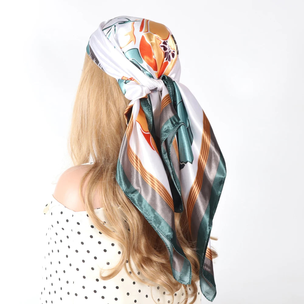 Silk Head Scarf Women Luxury Fashion Hair Scarve Summer Foulard Femme Satin Shawl Kerchief 90cm Square Headscarf Bandana Cheveux