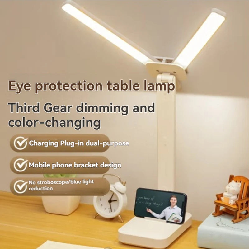 Dual Head LED Desk Lamp, Foldable Dimmable Reading Light with USB Rechargeable Battery, Night Light for Bedroom, Dorm, Study