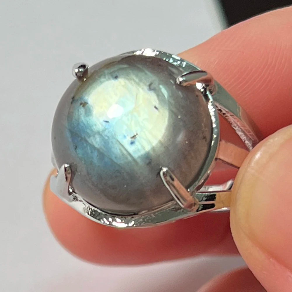 Ring Natural Stone Round Bead Blue Labradorite Adjustable Finger