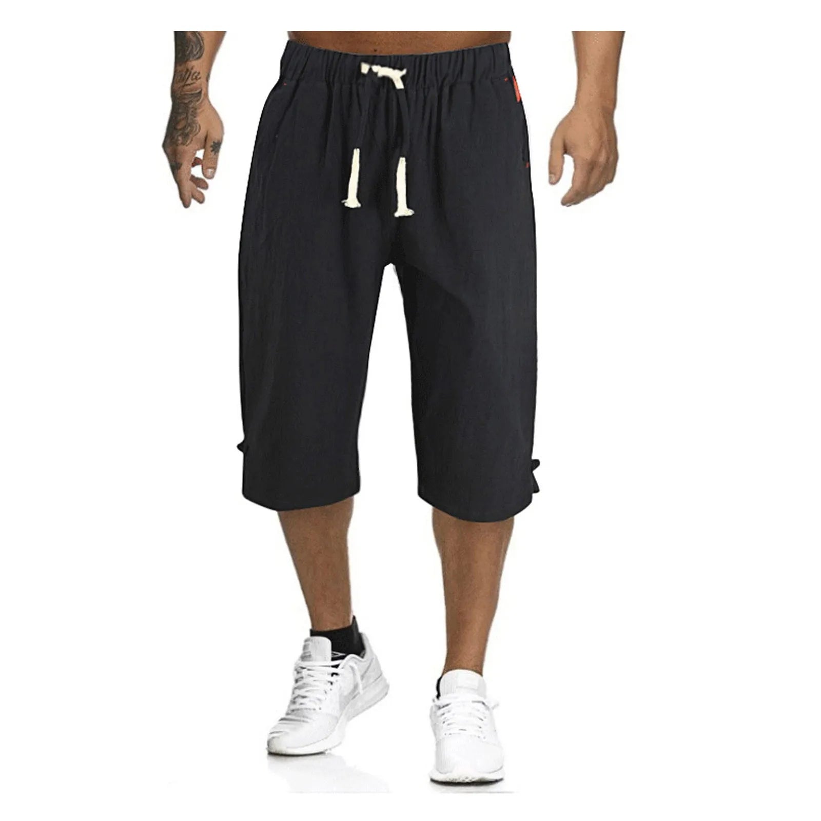 Cotton Linen Men'S Loose Tie Casual Pants Elastic Waist Beach Pants Linen Cropped Pants
