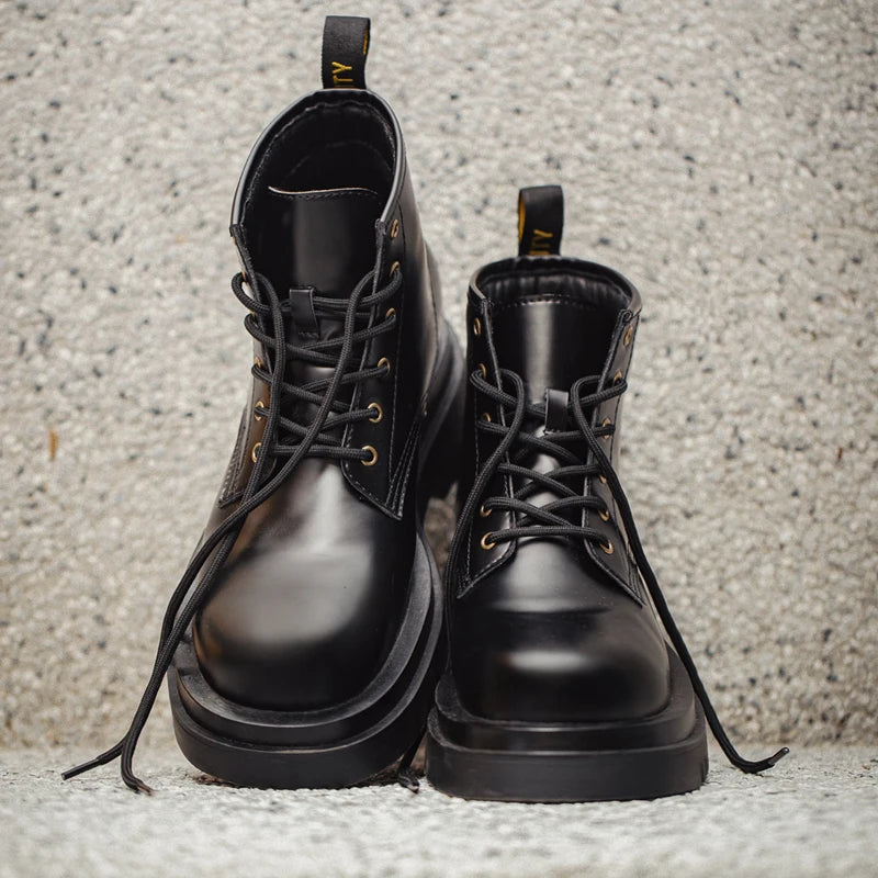 Maden Men's Handmade Cowboy Boots Black Motorcycle Boot British Split Leather TPR Sole Work Safety Boot Mid Outside Shoes