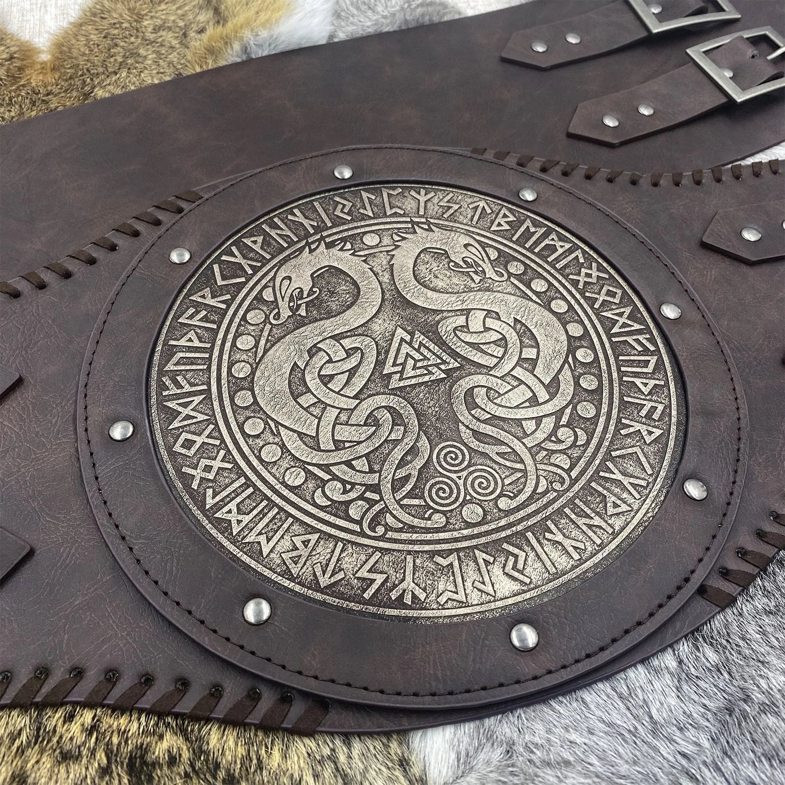 Viking style wide embossed PU leather belt with medieval Nordic style Renaissance knight armor waist belt accessory suitable f