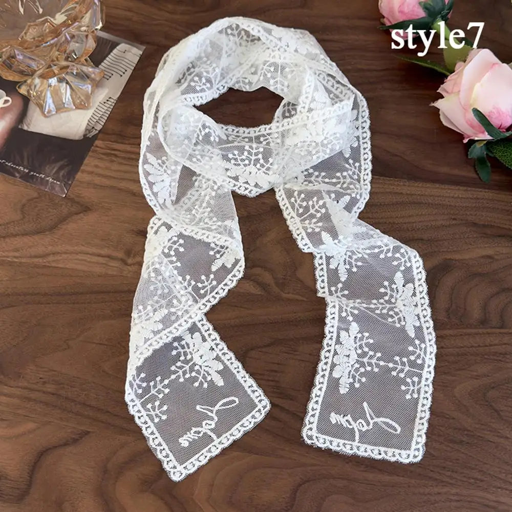 Sweet Flower Retro Lace Neck Strap Transparent Dressing Decoration Hair Band Korean Style Neckerchief Long Ribbon Head Scarf