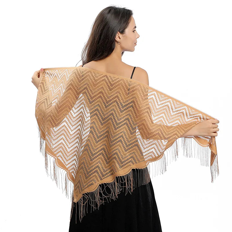 Elegant Lace Wavy Triangle Shawl Hollow Mesh Thin Breathable Tassel Scarf Party Evening Dress Versatile Shawl