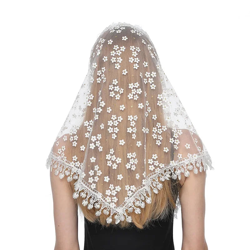 Fashion Women Triangle Wrap Fringed Shawls Head Scarf Tassel Embroidery Lace Scarves Flower Hijab Bandana Prayer Kerchief Church
