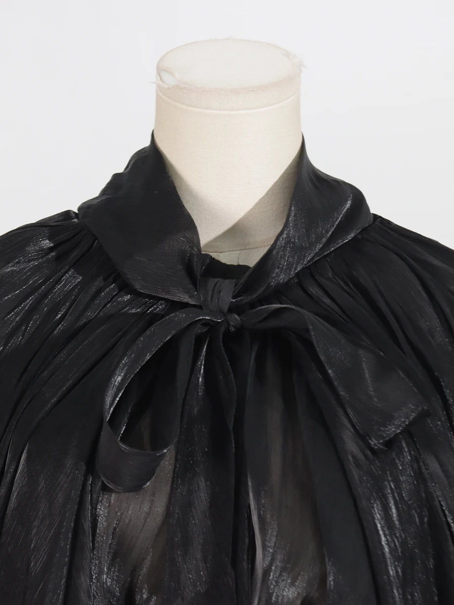 VGH Minimalist Spliced Folds Maxi Dresses for Women Scarf Collar Lantern Sleeve Loose Waist Casual Temperament Dress Female New