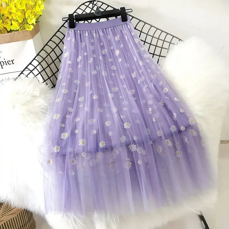 Skirts Women Tender Sweet Korean Style Printed Lady Mesh Ins Classy All-match College Elegant Popular Lovely Girls Stylish Charm