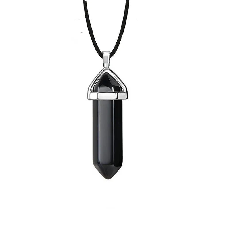 New Hexagonal Column Natural Stone Choker Necklaces Vintage Pink Purple Crystal Pendent Necklace for Women Leather Chain Jewelry