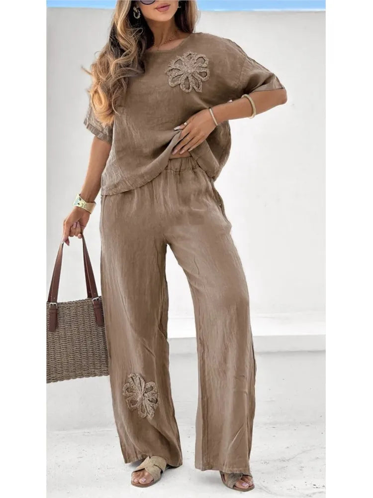 Cotton Linen Women's Clothing 2025 Summer New Fashion Embroidered short Tops & Pants Splicing Pure Color Temperament Casual Suit