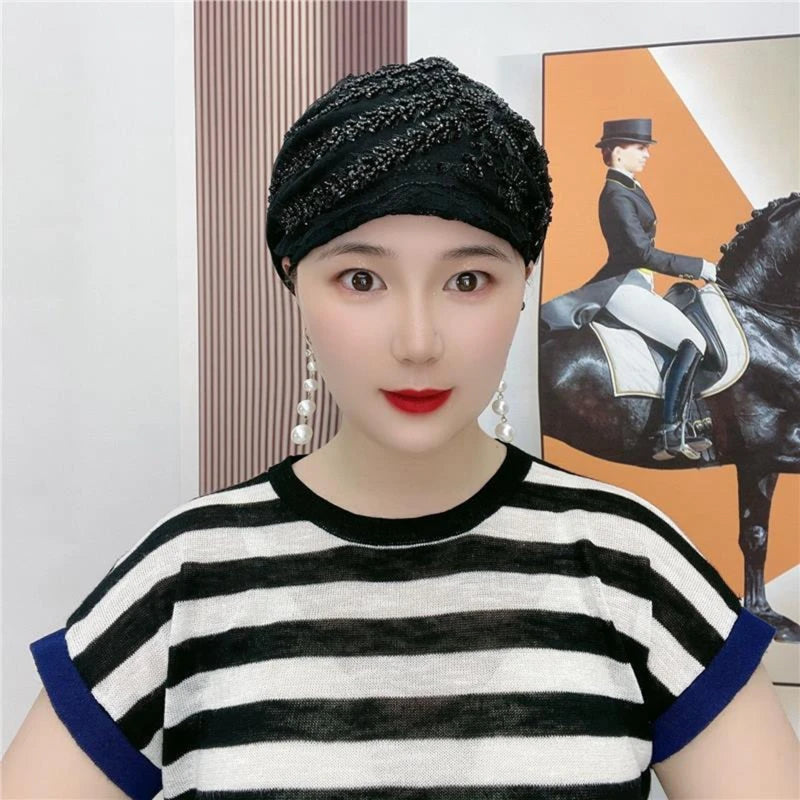 Lace Turban Hats for Women Muslim Headscarf Head Wraps Caps Female Daily Beanie Hair Cover Cap Glitter Diamonds Embroidery