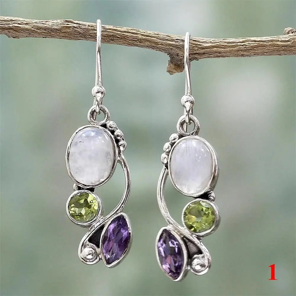 Vintage Women Natural Charm Multi-Gemstone Rainbow Moonstone Peridot Amethyst Turquoise Pendant Earrings Dangle Earrings Jewelry