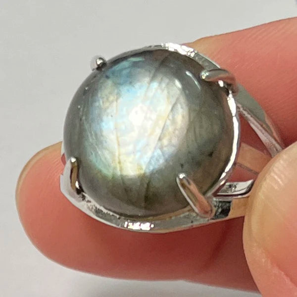 Ring Natural Stone Round Bead Blue Labradorite Adjustable Finger