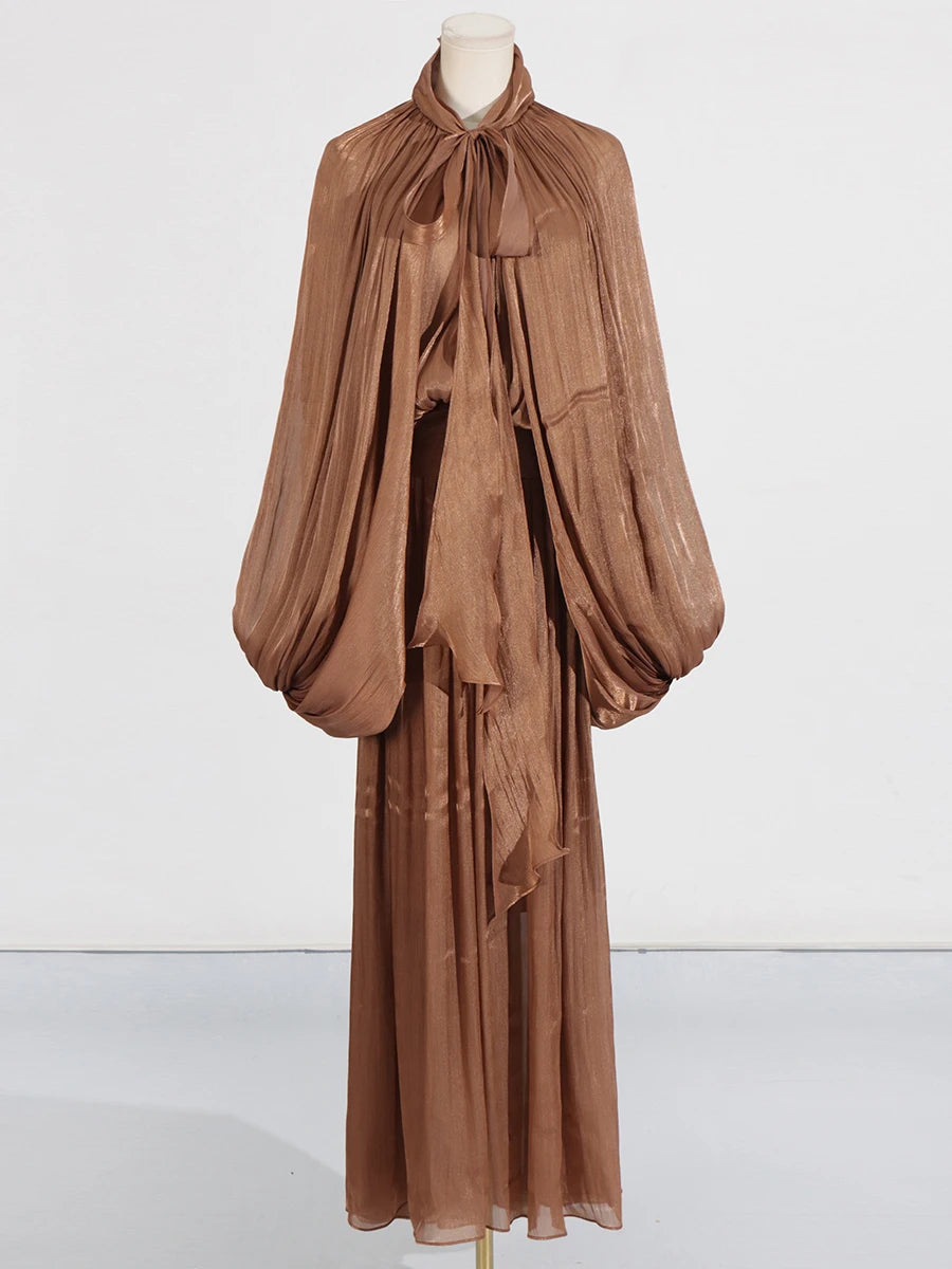 VGH Minimalist Spliced Folds Maxi Dresses for Women Scarf Collar Lantern Sleeve Loose Waist Casual Temperament Dress Female New