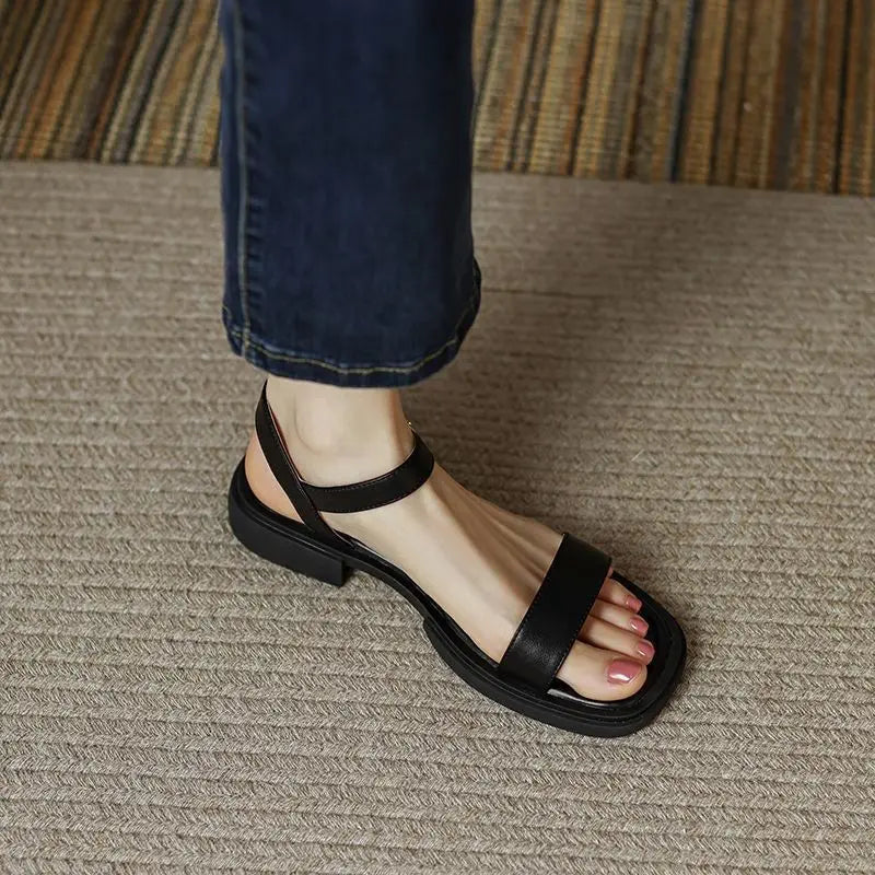 2025 Summer Women Sandals Low Heels Basic Genuine Leather Concise Office Plus Size 35-42 Ladies Casual Outdoor Shoes