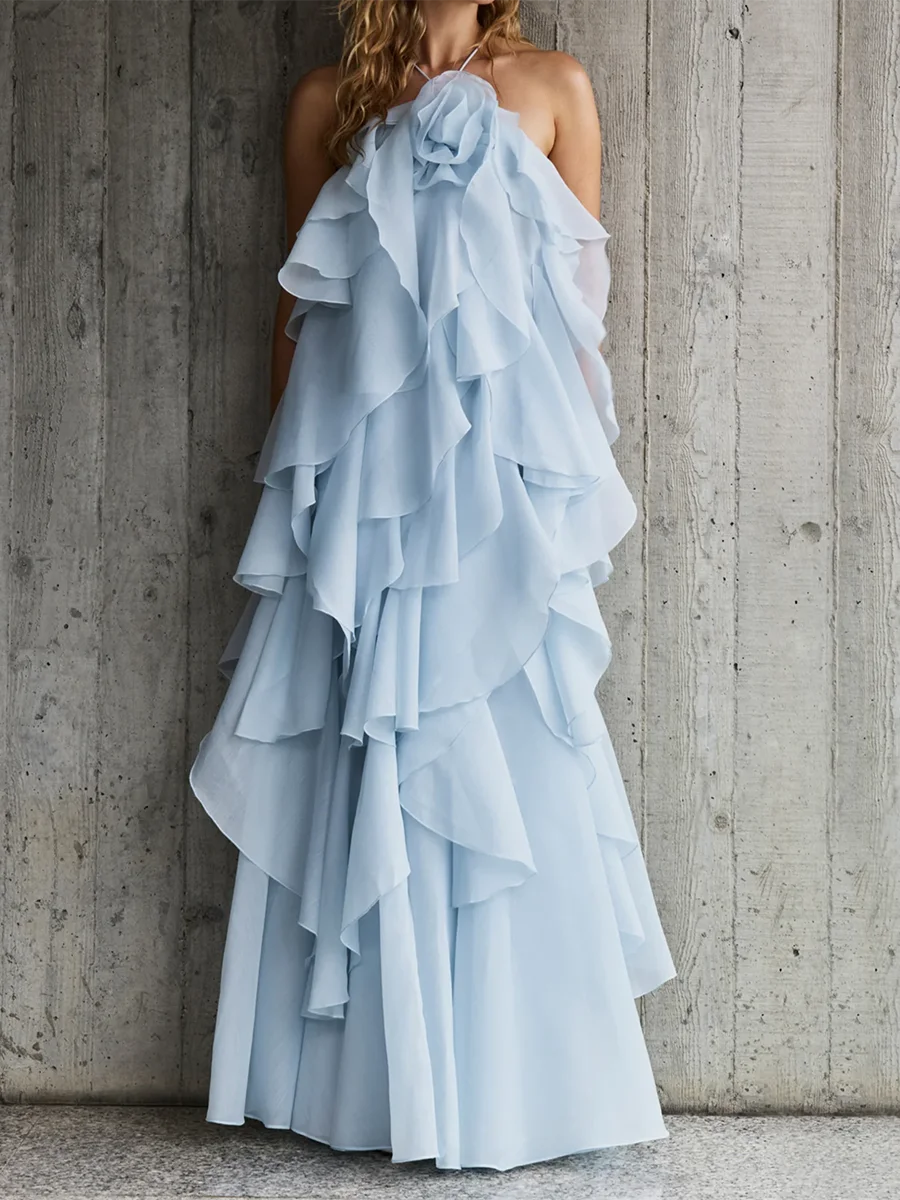 VGH Sexy Spliced Ruffles Backless Loose Dresses for Women Strapless Sleeveless Patchwork Flowers Minimalist Long Dress Female