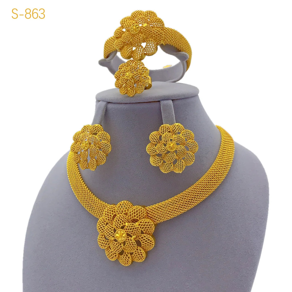 Luxury Wedding AU999 24K Gold Flower Jewelry Set! 4-Piece(Bracelet+Earrings+Ring+Necklace) Flattering, Newlywed Bliss Meaning