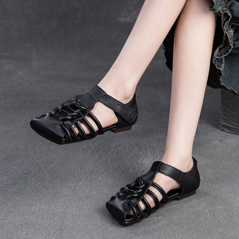 Genuine Leather Sandals Women Handmade Woven Literary Style Hollow Flat Roman Sandals Ladies Summer Shoes Sandalias