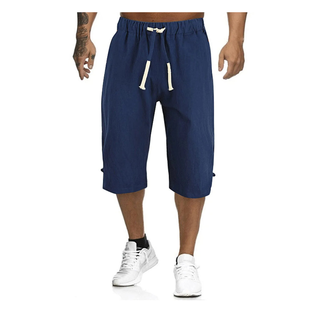 Cotton Linen Men'S Loose Tie Casual Pants Elastic Waist Beach Pants Linen Cropped Pants