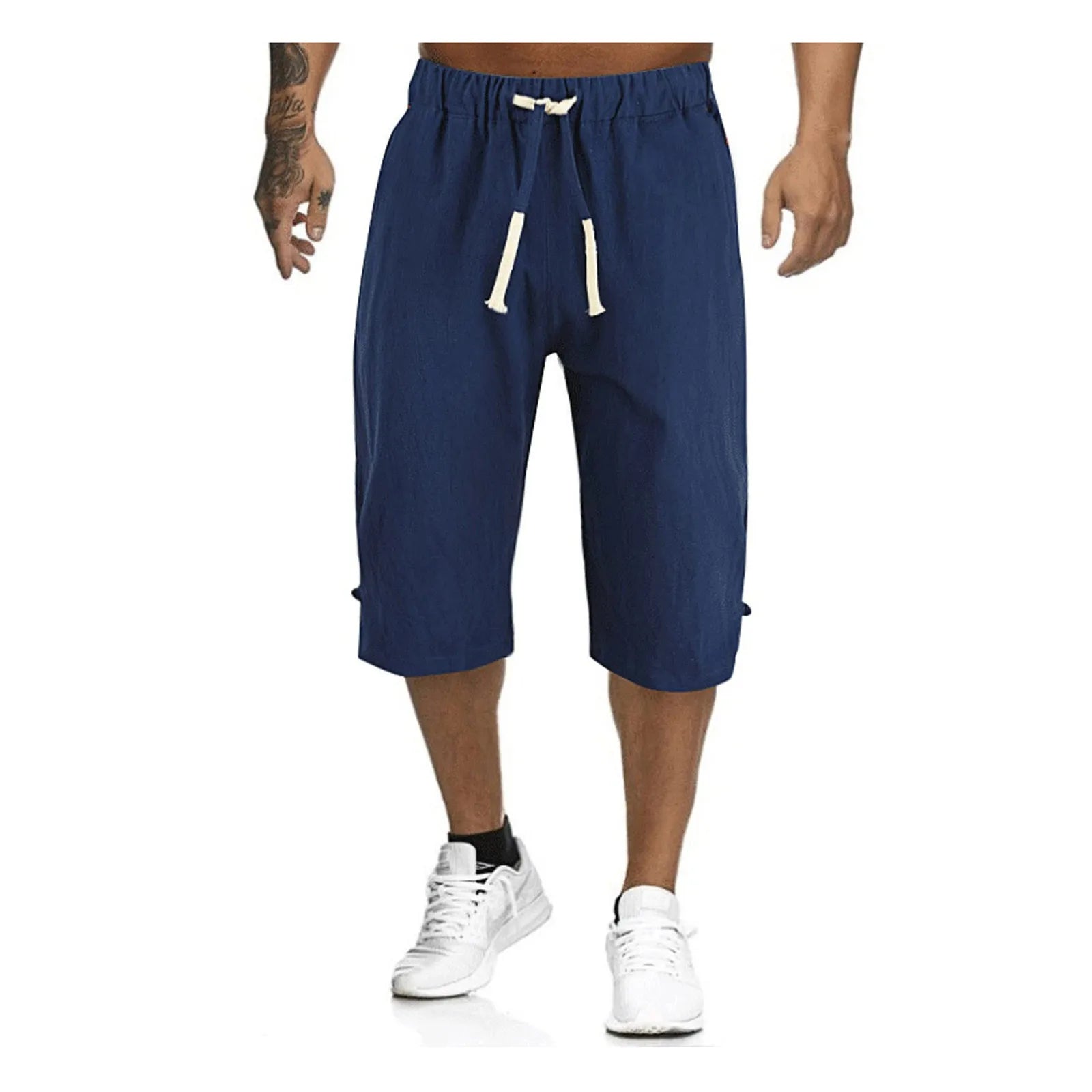 Cotton Linen Men'S Loose Tie Casual Pants Elastic Waist Beach Pants Linen Cropped Pants