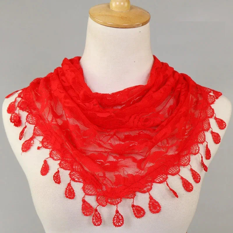 Fashion Women Triangle Wrap Fringed Shawls Head Scarf Tassel Embroidery Lace Scarves Flower Hijab Bandana Prayer Kerchief Church