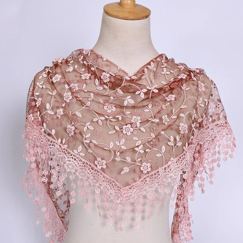Fashion Women Triangle Wrap Fringed Shawls Head Scarf Tassel Embroidery Lace Scarves Flower Hijab Bandana Prayer Kerchief Church