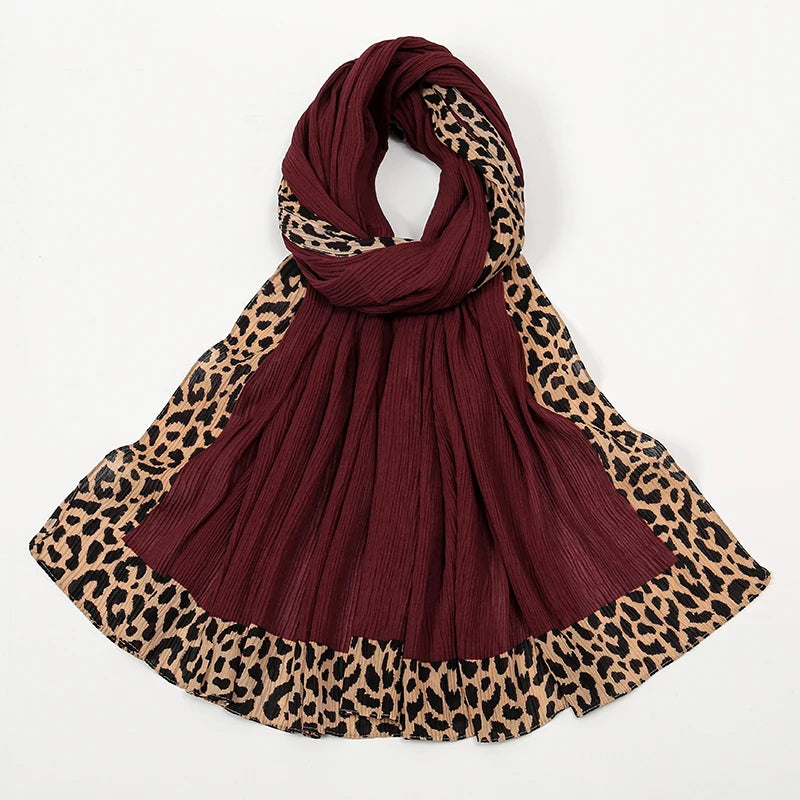 Hot Leopard Print Wrinkles Hijab Scarf Polyester Muslim Woman Hijab Shawls Lady Soft Long Wraps Femme Elegant Bandana Turban